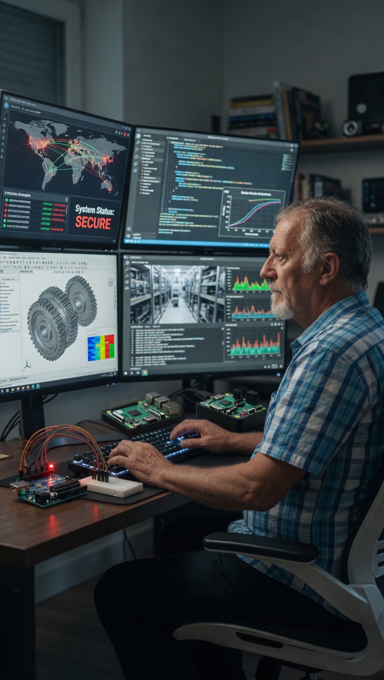 A senior developer working at a modern desk with multiple monitors showing code and circuit schematics