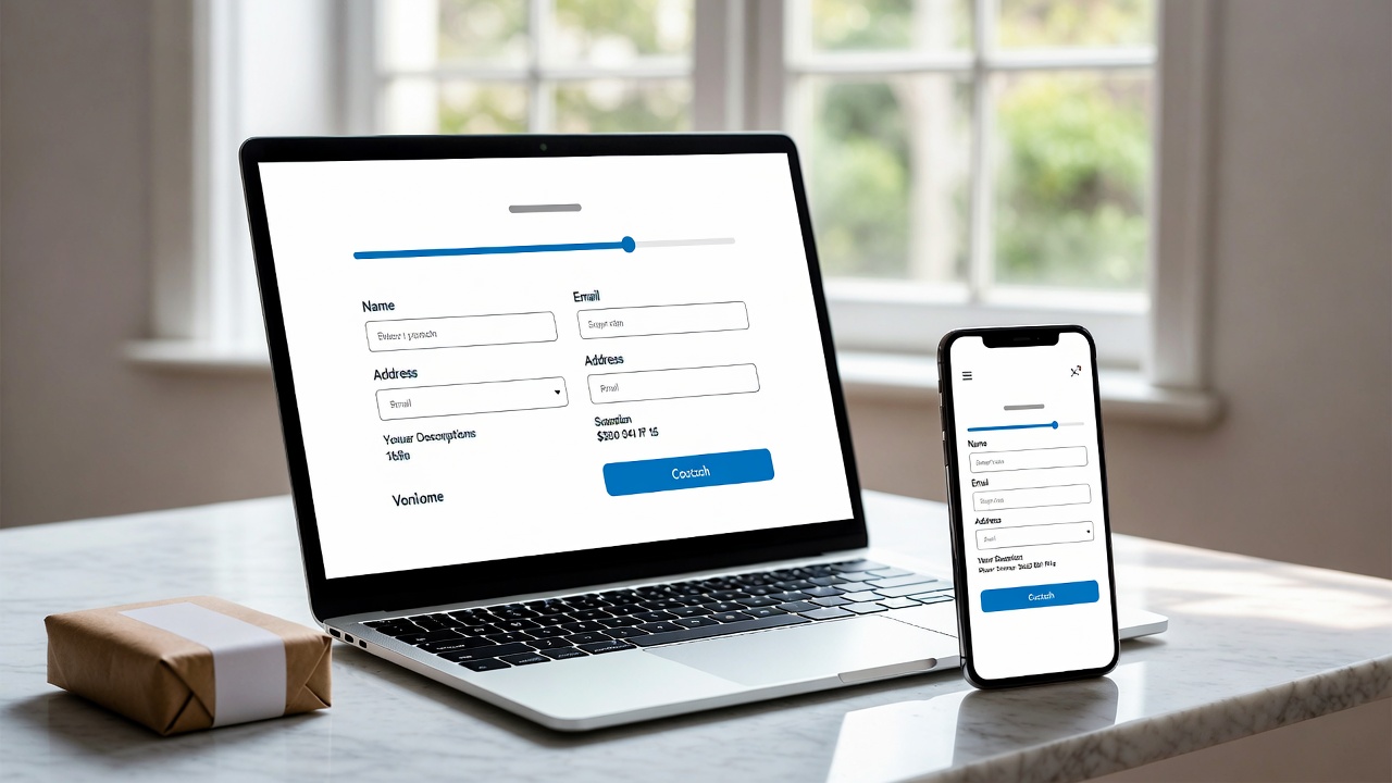 A clean modern e-commerce checkout screen on laptop and phone