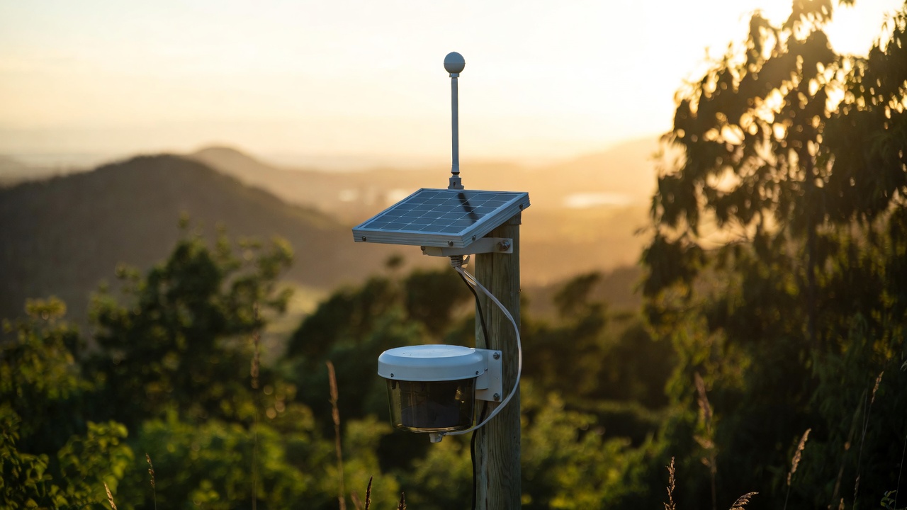A weatherproof environmental sensor box outdoors with antenna and solar panel