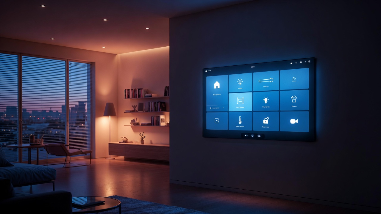 Smart-home dashboard showing temperature, lights and security across rooms