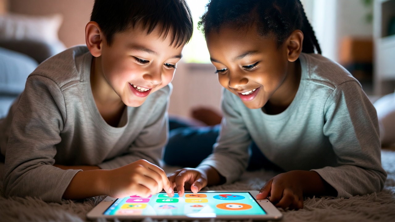 Children using a colourful tablet-based learning app with adaptive interface