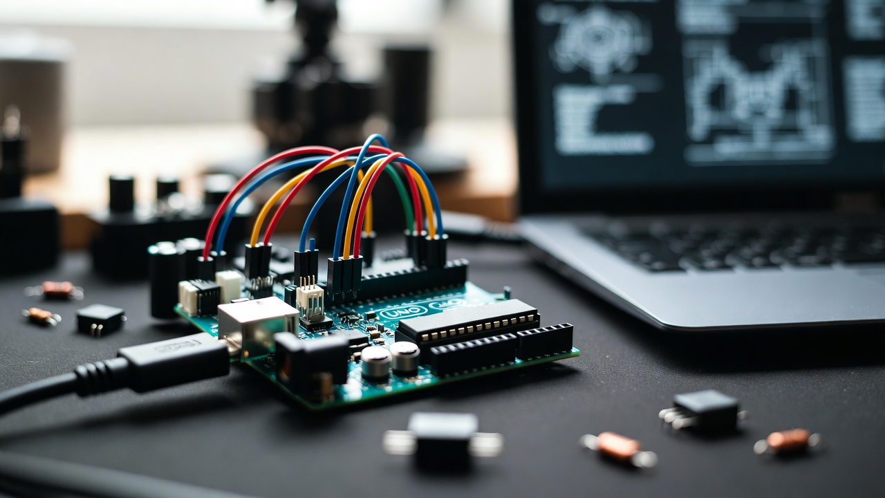An Arduino board with sensors connected to a laptop running custom software