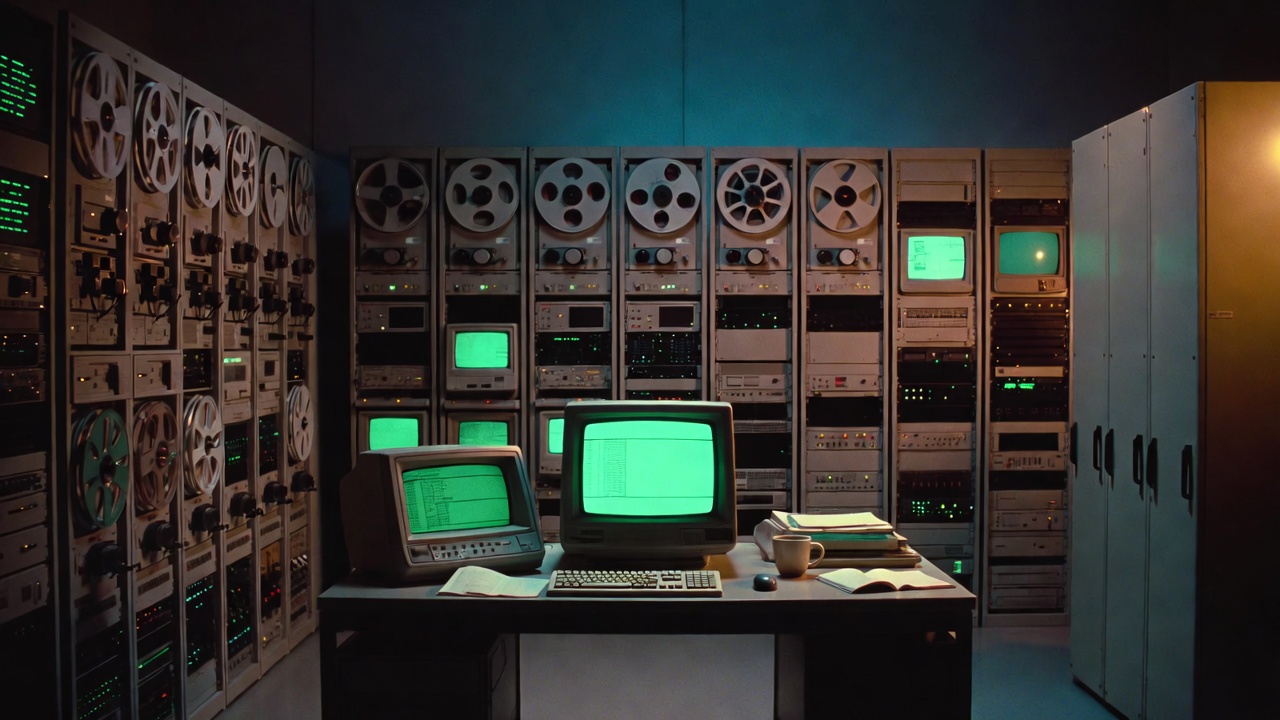 A vintage mainframe room with green-screen terminals and reel-to-reel tape drives, soft amber lighting