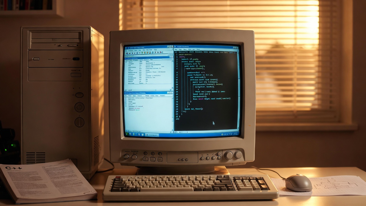A late-90s beige PC tower next to a CRT monitor showing Visual Basic IDE and assembly code