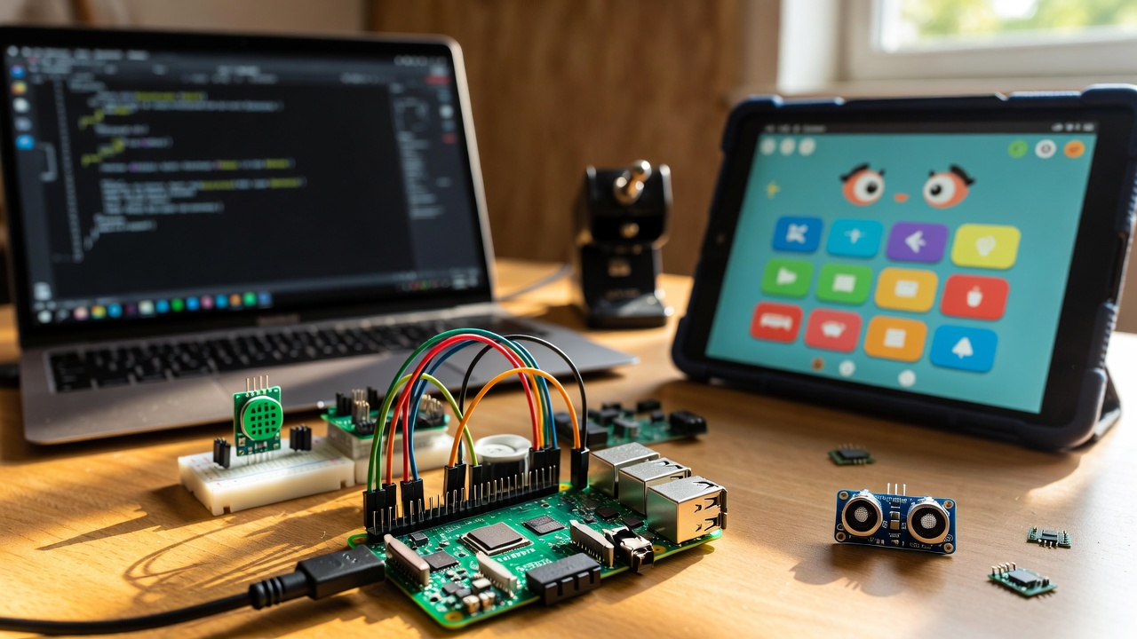 A Raspberry Pi connected to sensors with colourful jumper wires next to a tablet running an accessible learning app